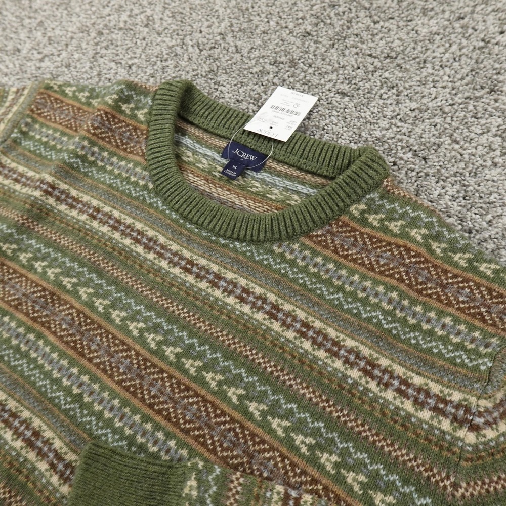 NEW J Crew Sweater Mens XL Green Fair Isle Lambswool Knit Crewneck Pullover Cozy